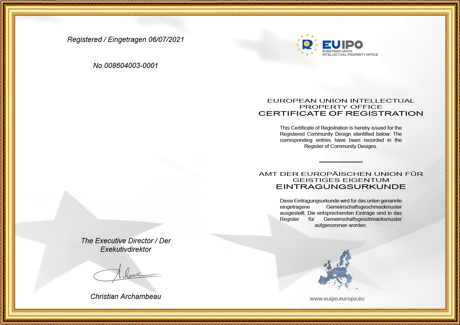 盛莱普IPL脱毛仪欧盟外观设计专利证书