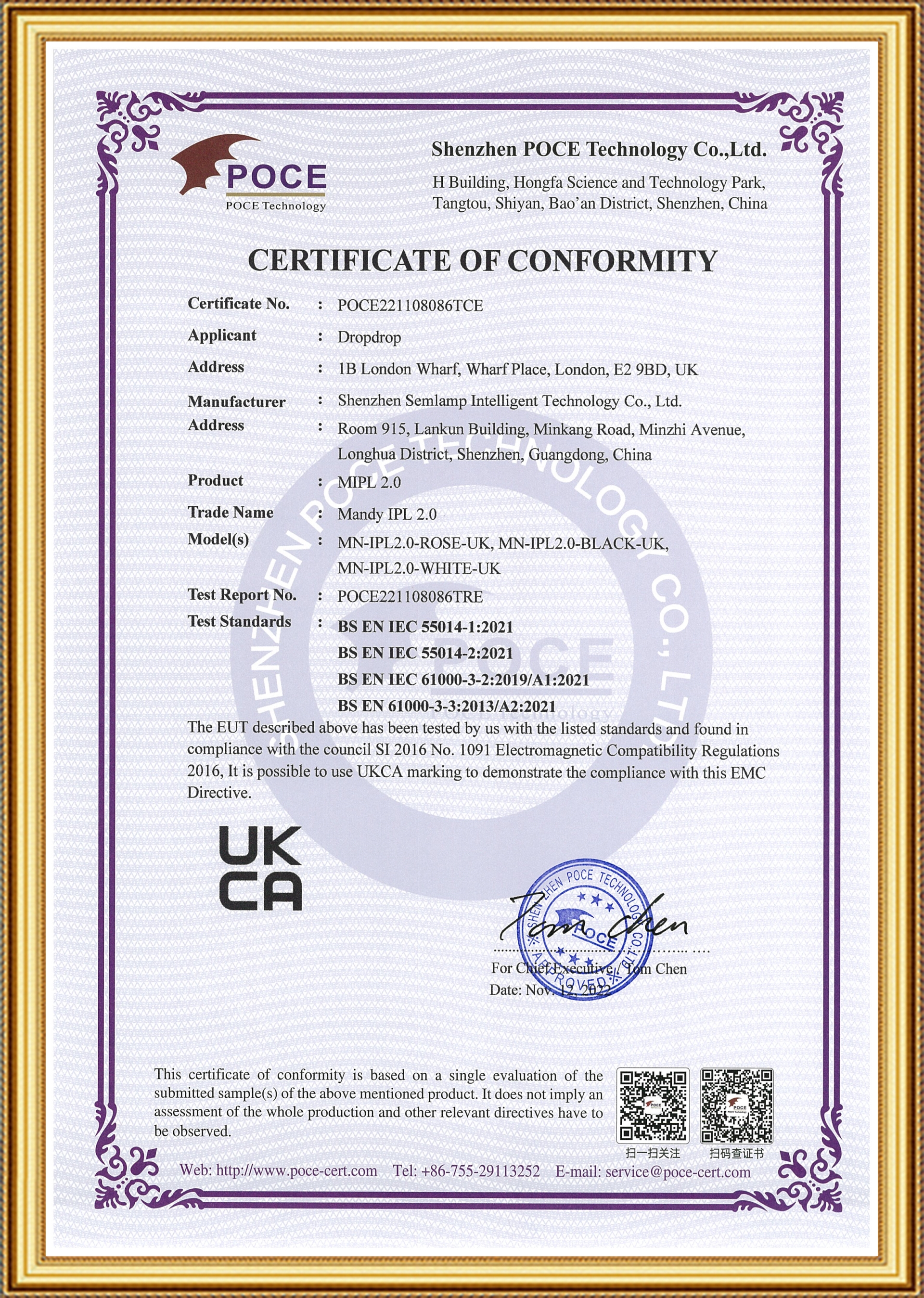 Semlamp IPL Hair Removal Instrument UK UKCA Certification Certificate